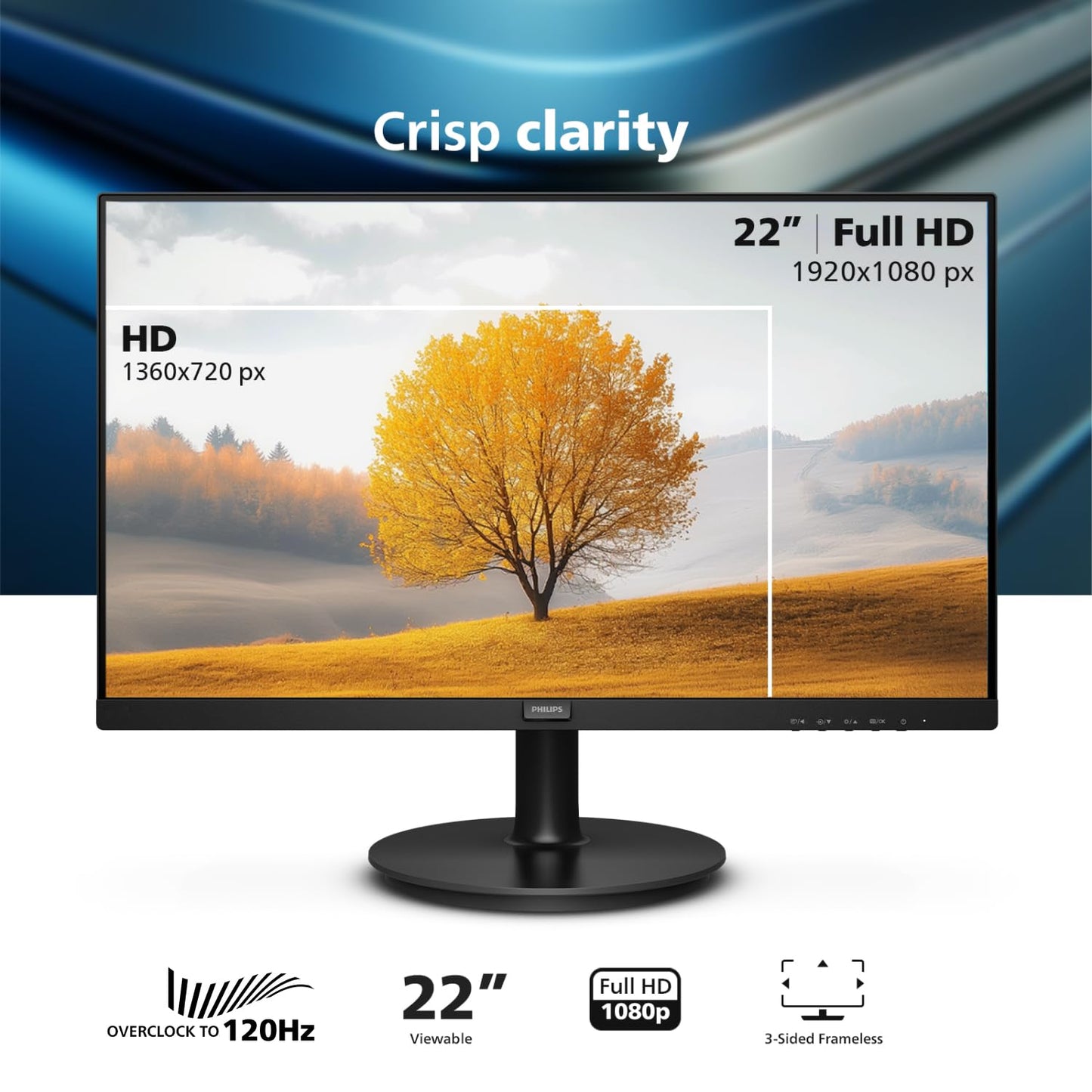 Philips 221V8LB 22 inch Class Thin Full HD (1920 x 1080) Monitor, 100Hz Refresh Rate, VESA, HDMI x1, VGA x1, LowBlue Mode, Adaptive Sync, 4 Year Advance Replacement Warranty