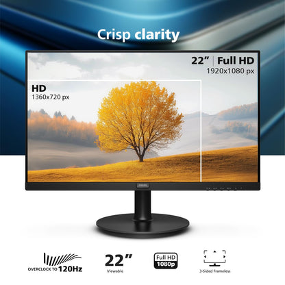 Philips 221V8LB 22 inch Class Thin Full HD (1920 x 1080) Monitor, 100Hz Refresh Rate, VESA, HDMI x1, VGA x1, LowBlue Mode, Adaptive Sync, 4 Year Advance Replacement Warranty
