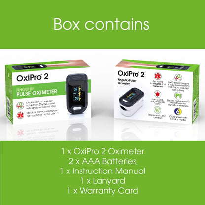 OxiPro OX2 - CE Certified - MHRA Registered Pulse Oximeter/Blood Oxygen Monitor - Finger Oxygen Saturation Monitor/SATS Monitor SpO2 - UK Approved Medical Device