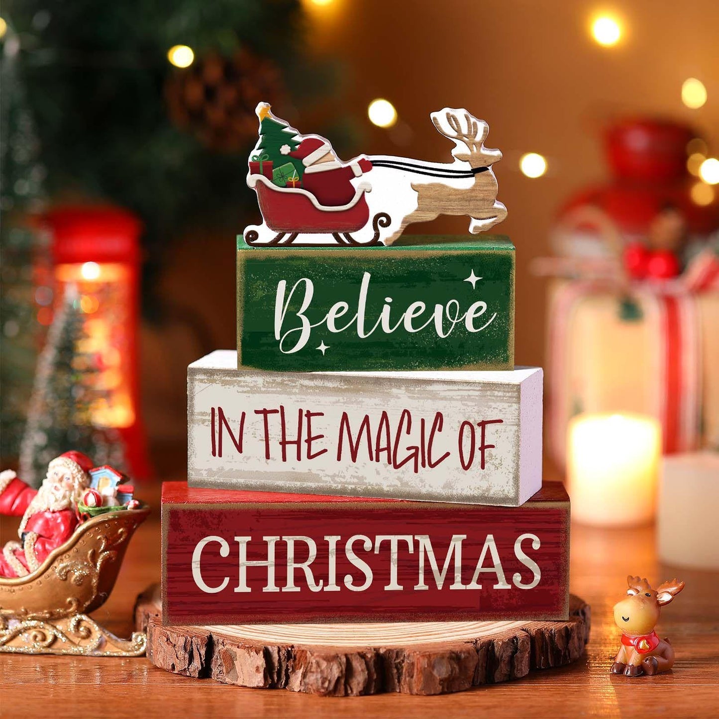 Lineshading 4 Pcs Summer Christmas Table Decoration Wooden Santa Claus Decor Christmas Tiered Tray Decor Decorative Santa Claus Elk Block Sign Gift Farmhouse Xmas Centerpiece for Home Kitchen Shelf