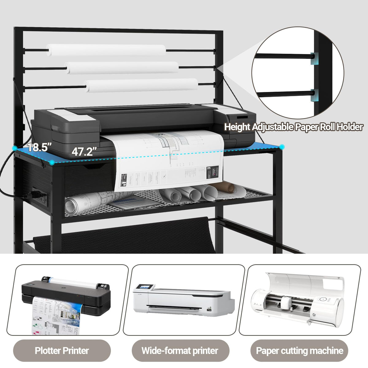 Natwind Wide Format Printer Stand, Plotter Workbench Table with Pull-Out Drafting Storage, Roll Paper Holder, Accessory Drawer, Adjustable Storage Shelf for Plotters and Cutting Machines (Black)