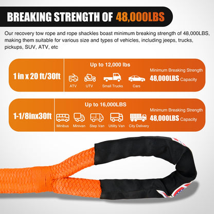 Nilight Kinetic Recovery Tow Rope Kit with 2 Soft Shackle 1-1/8inx30ft Heavy Duty Offroad Tow Rope Snatch Strap Towing Strap kit 48,000LBS for UTV ATV SUV Truck Car Jeep Tractor