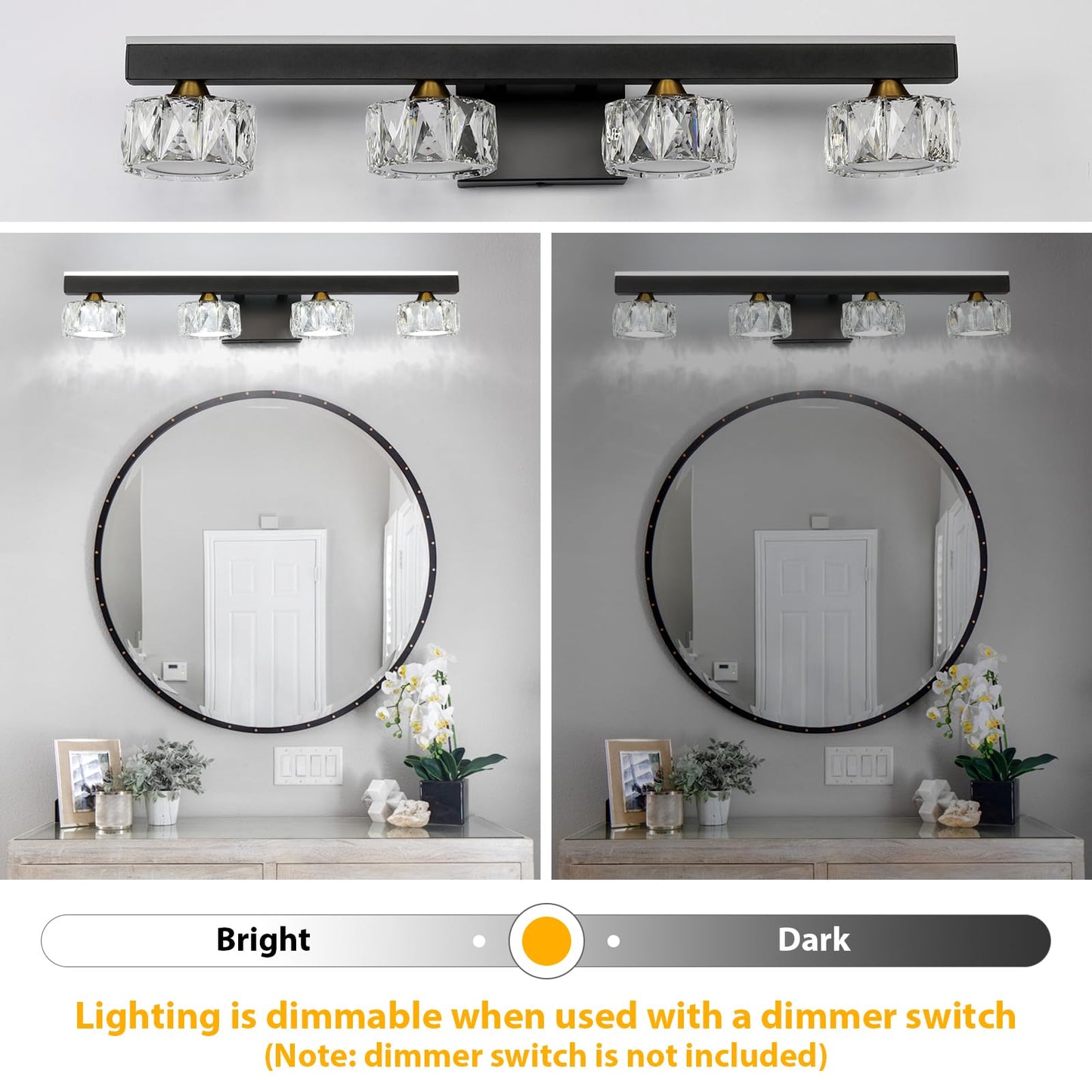BrkNit Black Crystal Bathroom Vanity Light Fixtures Over Mirror for Bathroom Lighting (4 Lights)