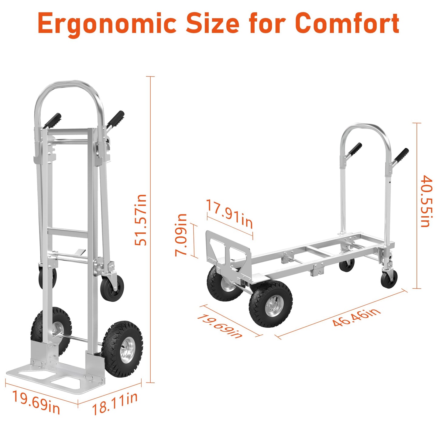 ZMRTDWO 800 LBS Dolly Cart with Wheels, 2 in 1 Folding Hand Truck, Stainless Steel Heavy Duty Industrial Convertible Hand Cart, Utility Collapsible Hand Truck Dolly for Warehouse, Home, Office, Etc