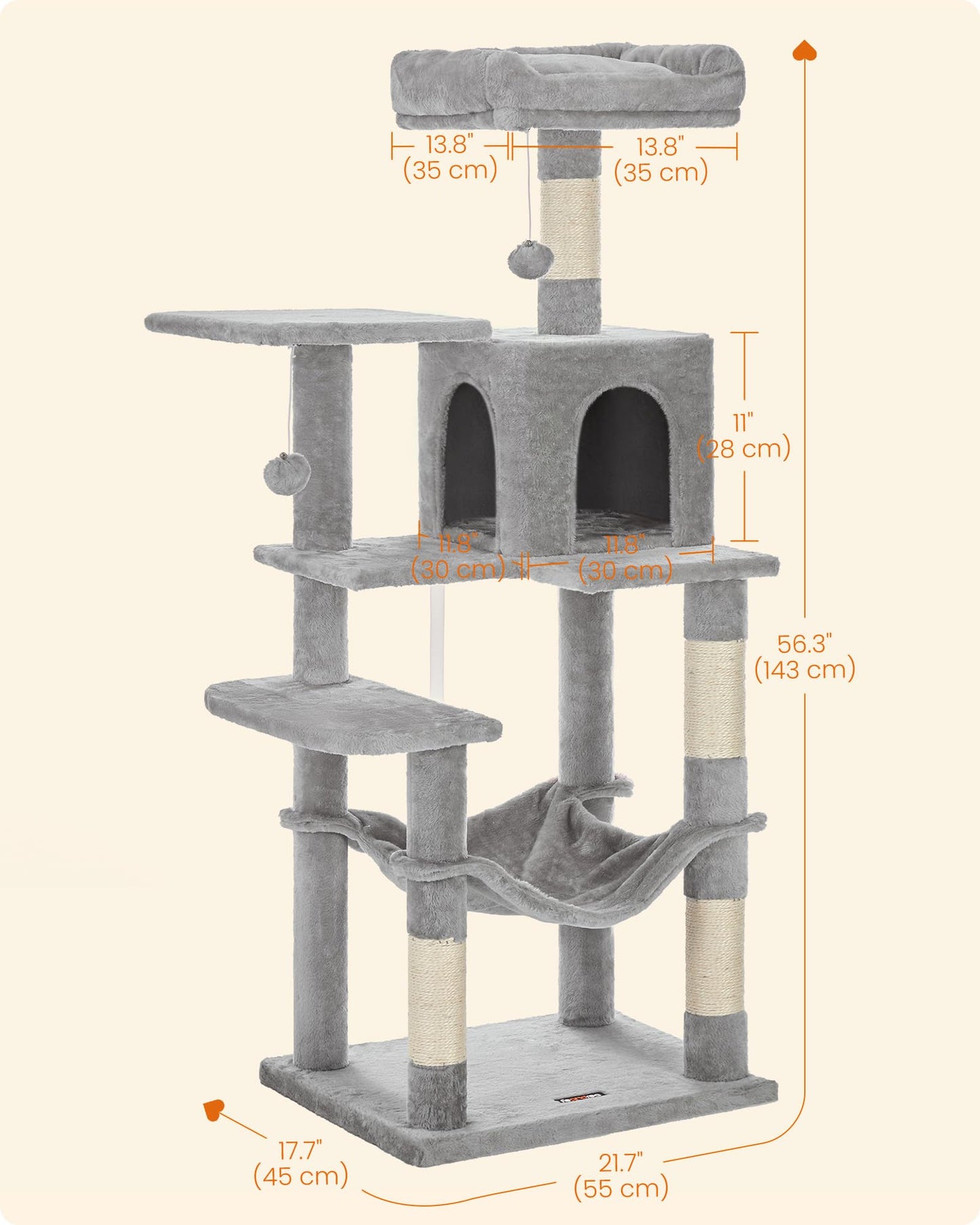 Feandrea Cat Tree, 143 cm Multi-Level Plush Cat Condo with 4 Scratching Posts, 2 Perches, Cave, Hammock, Pompoms, Light Grey