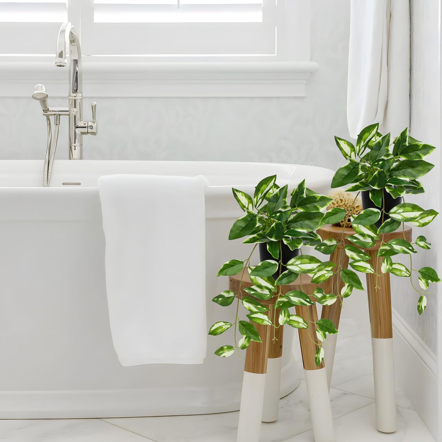 Briful Small Fake Plants Indoor (Set of 2) Realistic Faux Trailing Plant Artificial Potted Plants in Black Pot White N' Joy Leaf Houseplant for Living Room Table Kitchen Counter Shelf