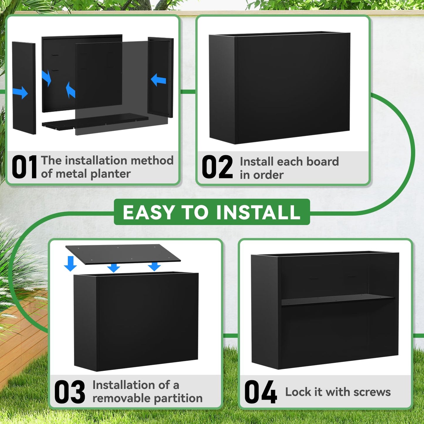 POOAMY Metal Planter, 30L x 10W x 24H, Heavy Duty Tall Planters for Outdoor Plants, Black Planters with Removable Insert Shelf, Large Planters with Drainage Holes for Porch, Patio and Yard, Black