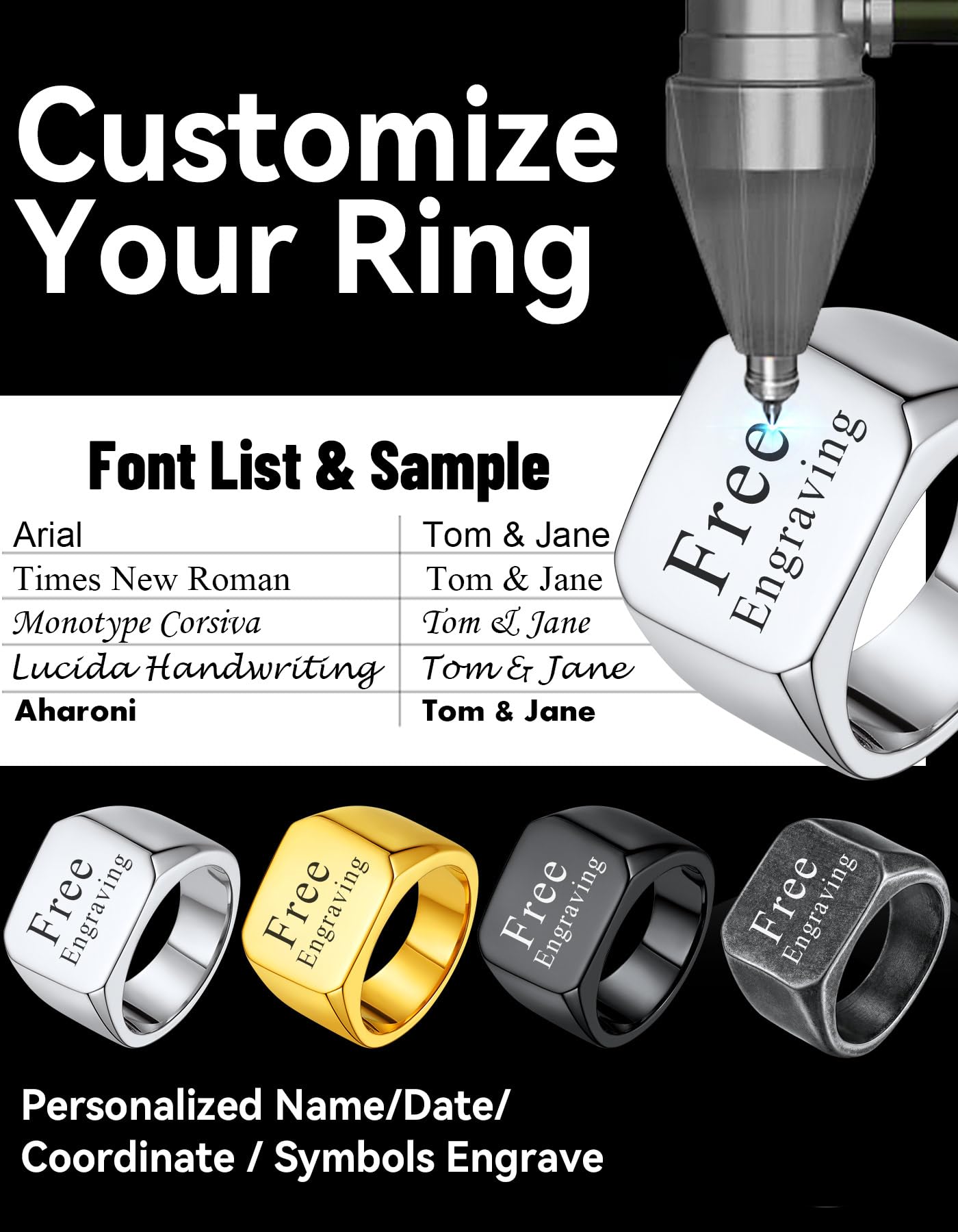 ChainsHouse Personalized Signet Rings Stainless Steel Biker Ring for Men Women, Solid Polished Statement Hip Hop Custom Thumb Ring, Size 13