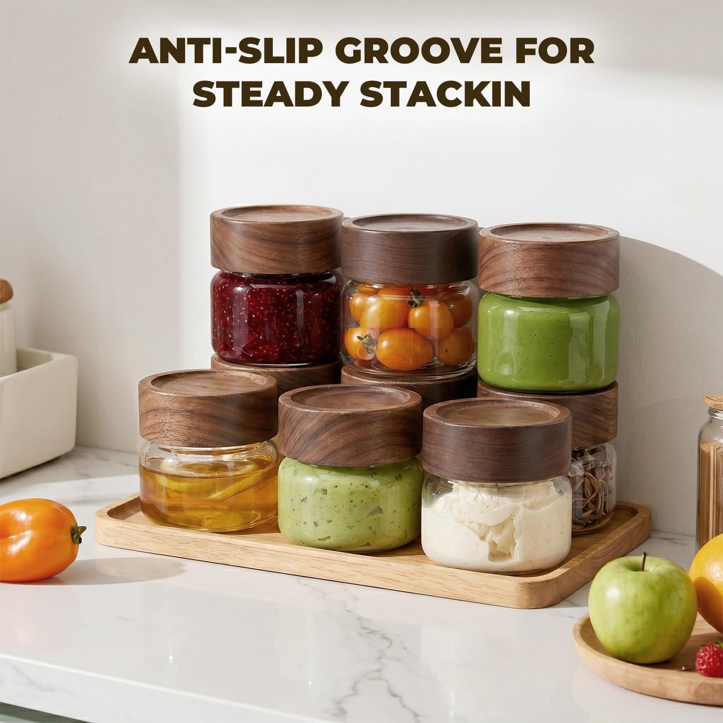 Kalnsa 6 Pack 4 oz Glass Jars with Lids, Small Mason Jars with Airtight Acacia Wood Lid, Mini Glass Spice Jars for Kitchen Pantry Organization, 4oz Small Containers for Coffee Sugar Tea & Candy