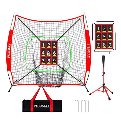 7x7ft Baseball & Softball Practice Net with Numbered Strike Zone & Batting Tee - Heavy Duty Portable Hitting Pitching Training Net for Accuracy and Swing Practice, Includes Carry Bag (7 ft x 7 ft)