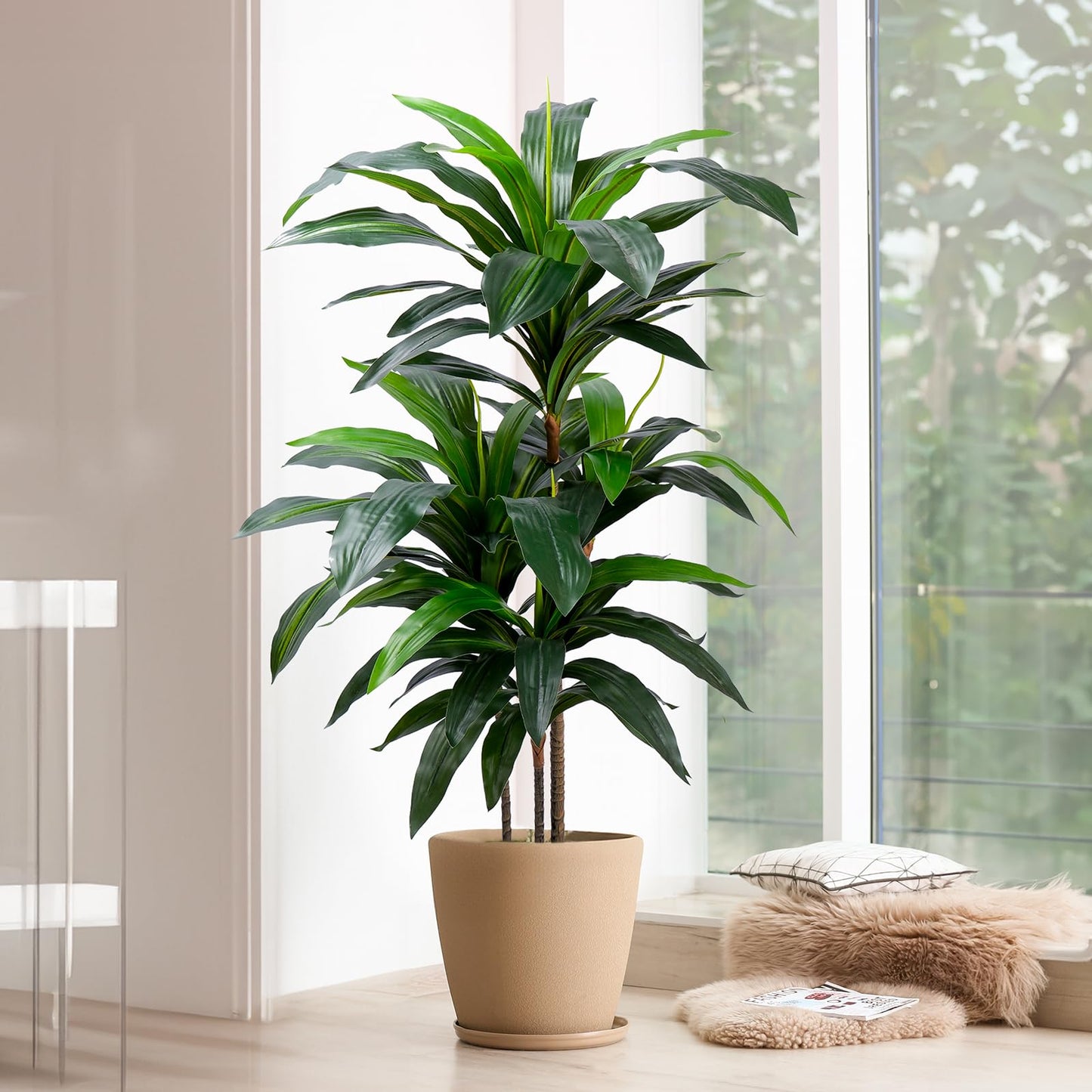 Yepdin Artificial Dracaena Tree 4FT, Fake Tree with Plastic Pot, Fake Tropical Yucca Floor Plant, Lifelike Foliage and Branches, Artificial Plants Indoor for Home Office Living Room Decor Indoor