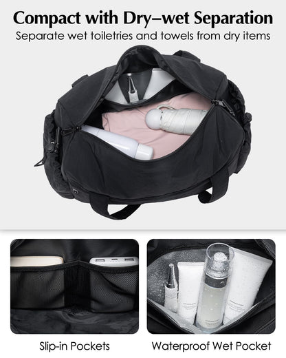 Small Gym Bag, Mini Gym Bag for Women with Yoga Mat Holder and Wet Compartment, Cute Mini Puffer Duffle Bag with Water Bottle Pocket for Workout Yoga Dance, Puffer Black