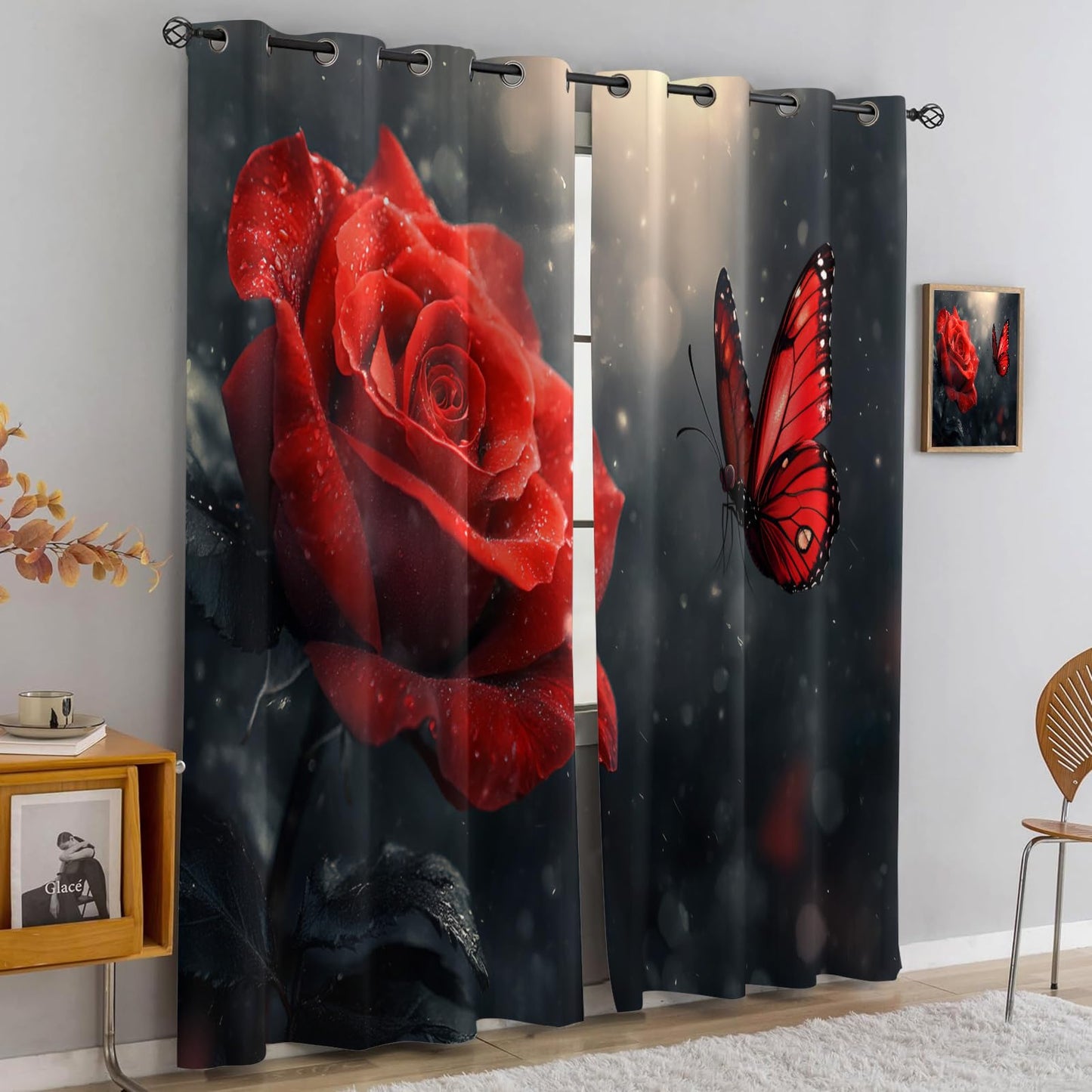 JAXIUOF Red Flowers Curtains 39 Inch Long 2 Panels Butterfly Rose Plants Blackout Curtains, Romantic Floral 3D Printed Drapes, Grommet Top Window Treatments for Bedroom Office Kitchen