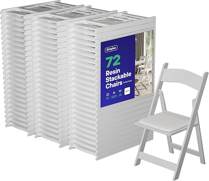Simplex Furniture Modern White Resin Foldable Chair - Set of 72 Pack, Stackable, Indoor/Outdoor, Lightweight, Rental Grade, Foldable Chairs with Padded Seats