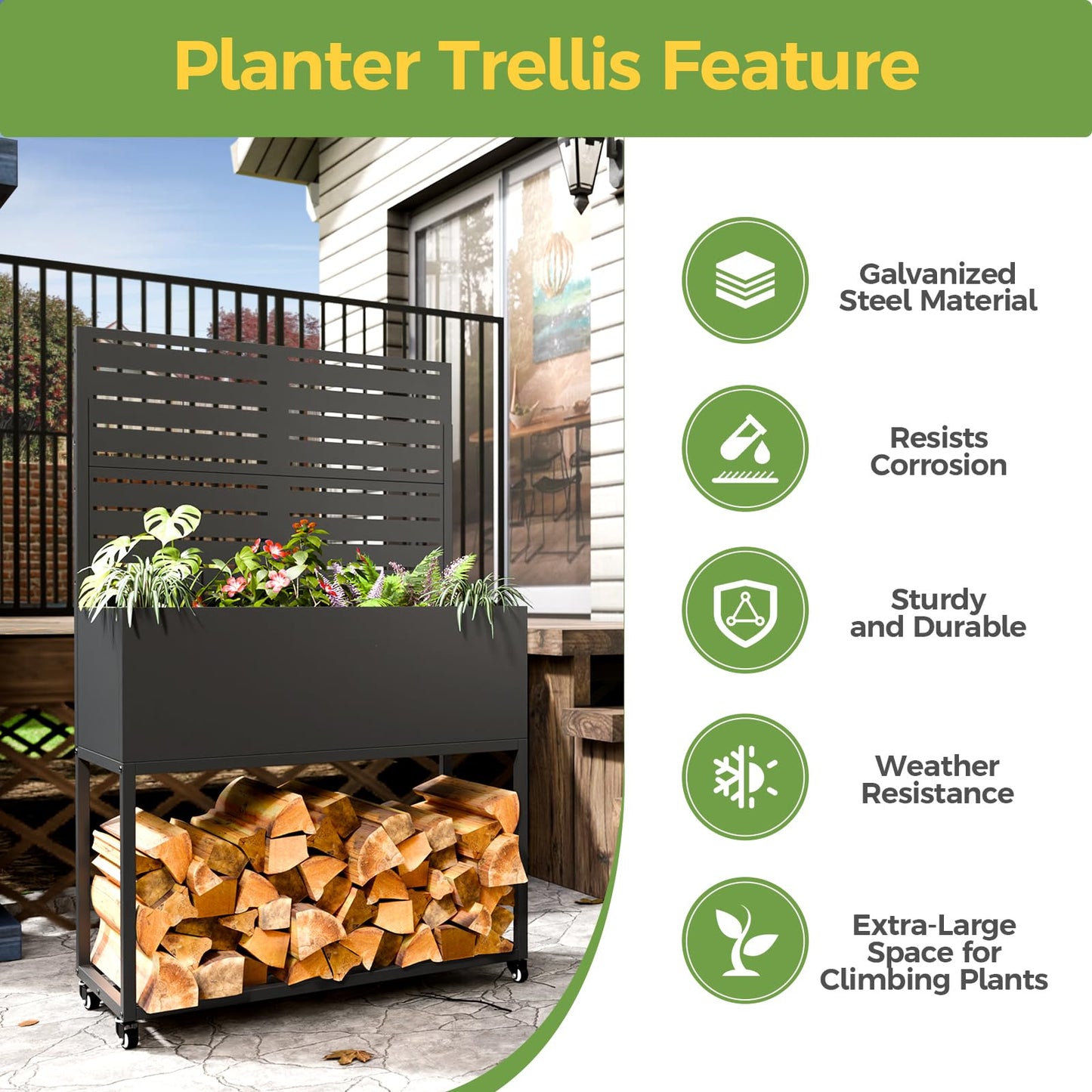 Metal Planter Box with Trellis, 3 in 1 Raised Garden Bed with Trelli & Firewood Rack, Privacy Planter Screen for Climbing Plants, Vine, Outdoor Garden Standing Beds with Drainage Holes, Wheels,Black