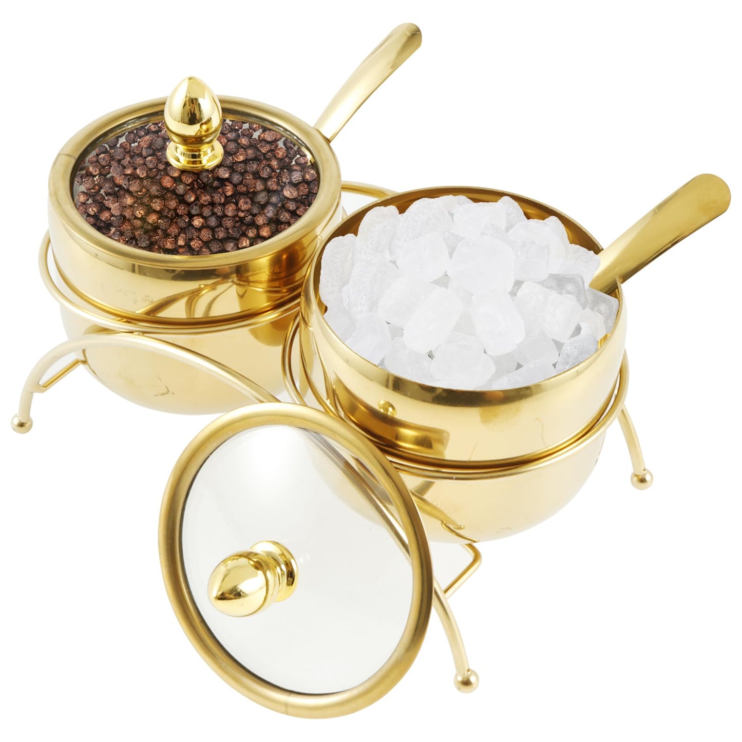 Luxury Gold Sugar Bowl Set with Spoons, 3-Piece Retro 304 Stainless Steel Seasoning Box for Coffee Bar Decor, Elegant Condiment Pots with Clear Glass Lid & Serving Tray for Salt, Candy, Cube Sugar