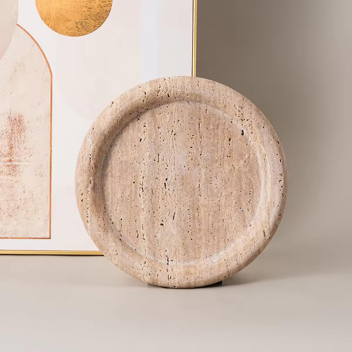 Bursera Luna Travertine Tray, Minimalist Stone Catchall and Decorative Tray for Candles, Jewelry, and Small Objects, Architectural Home Décor Accent, Natural Travertine Stone
