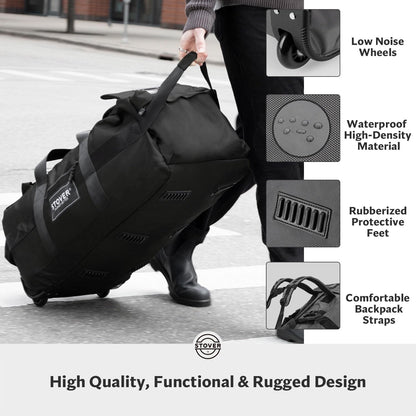 STOVER 45/80/100L Rolling Duffel Bag with Wheels, X-Large Durable Travel Duffle + Toiletry Bag, Heavy Duty, Packable with Shoulder Straps- Use as Luggage or Backpack, Men/Women (Black)