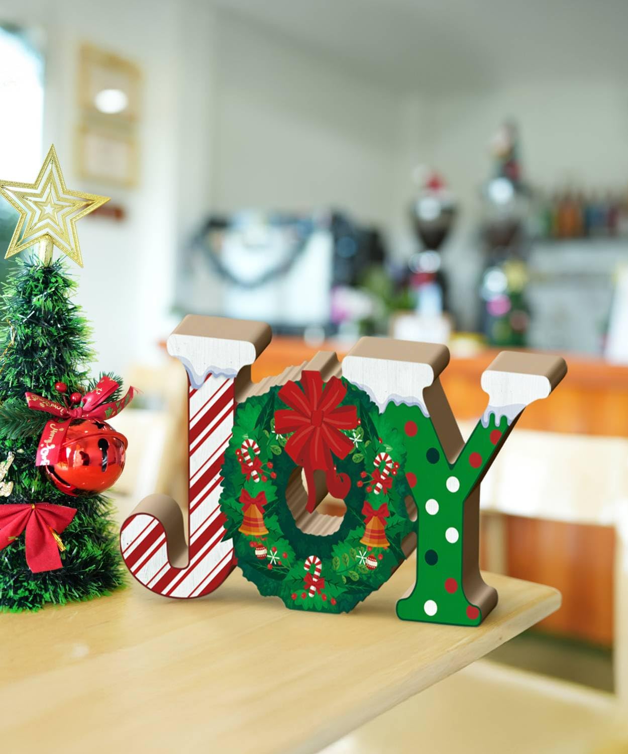 Putuo Decor Christmas Table Decor, Red Joy Christmas Letters Decorations Indoor with Wreath Candy Cane Pattern, Wooden Joy Christmas Sign for Home Fireplace Mantel Xmas Holiday Decor