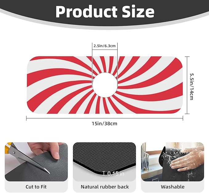Christmas Red Swirl Peppermint Sugar Candy Kitchen Sink Splash Guard Faucet Mat