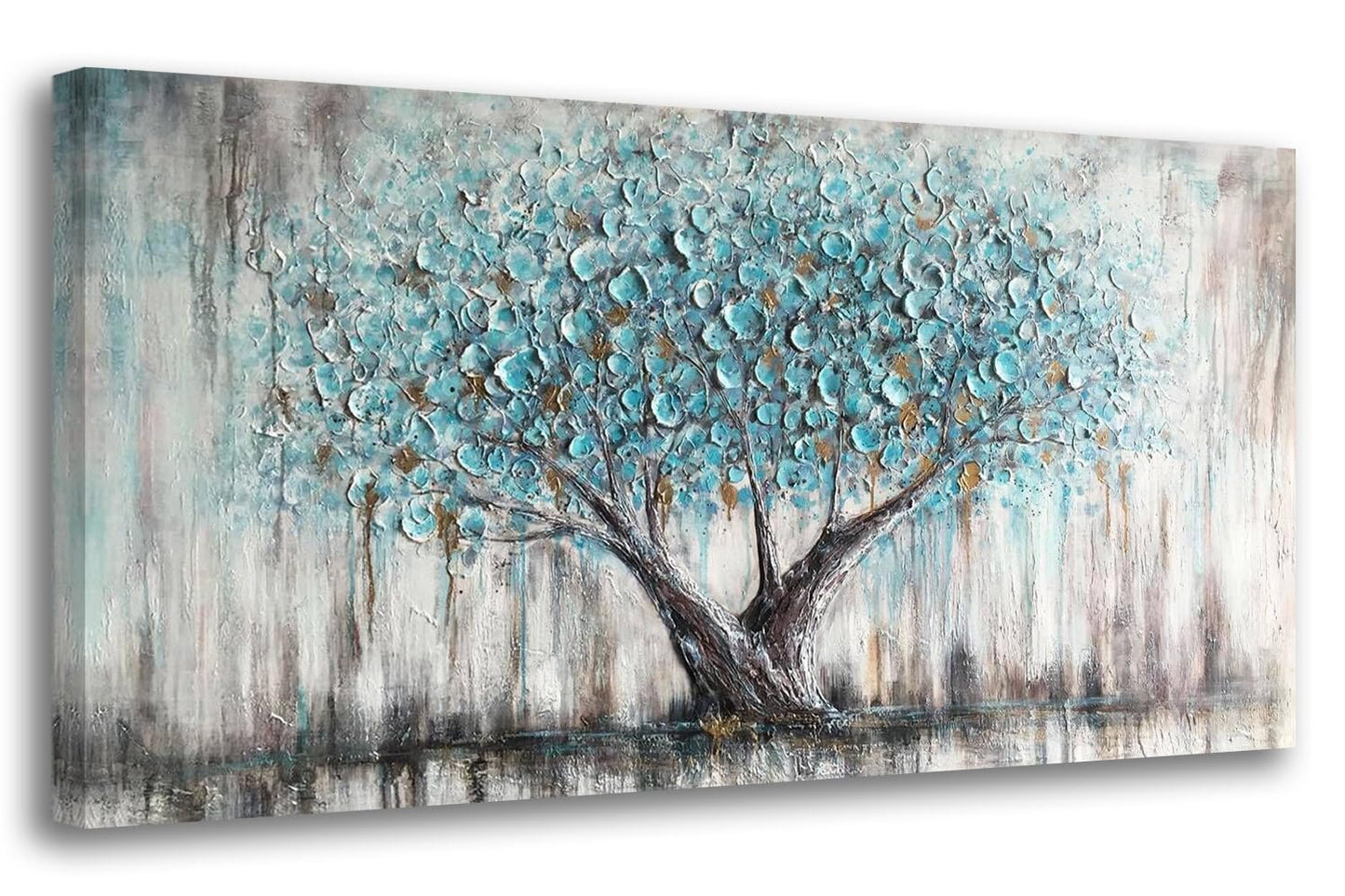 Arjun Tree Wall Art Teal Blue Nature Tree of Life Abstract Canvas Painting Textured Picture, Modern Large Panoramic Landscape Artwork Framed for Living Room Bedroom Bathroom Office Home Decor 40"x20"