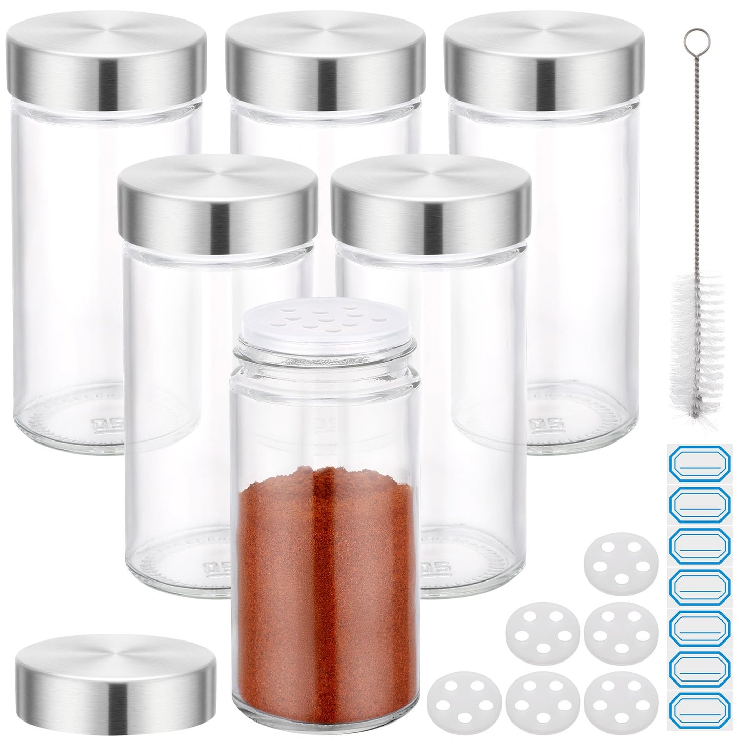 Segarty 3oz Spices Jars with Stainless Steel Lids, 6 PCS 90ml Empty Round Spice Containers, Clear Glass Seasoning Organizers for Spices Storage, Small Salt and Pepper Shaker with 7 Stickers, 1 Brush