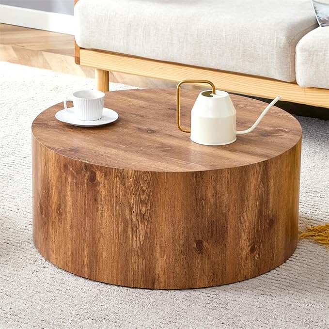 Round Coffee Table, 23.6" Modern Wood Drum Coffee Table, Round Accent Center