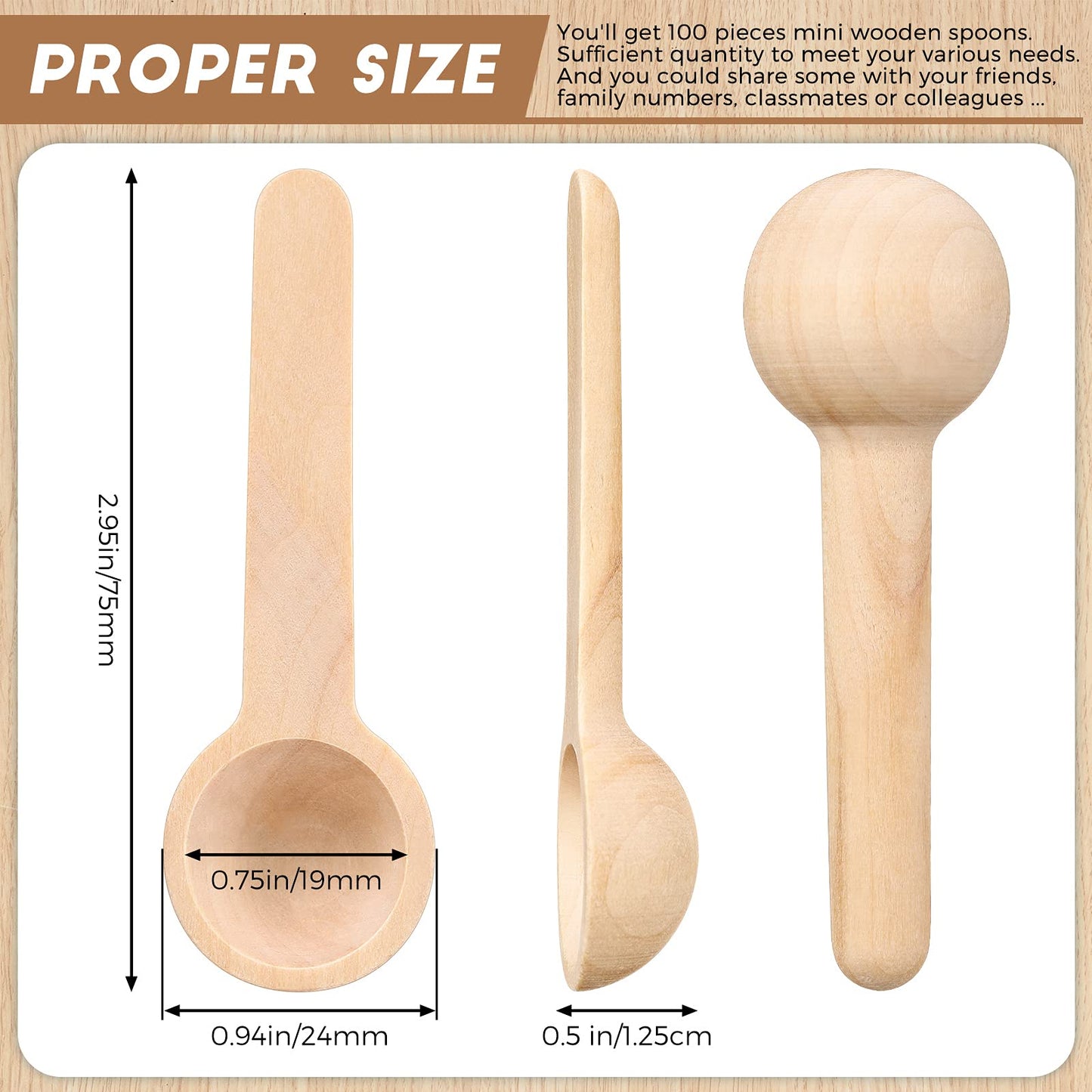 Patelai 100 Pieces Mini Wooden Spoons Bulk 3 Inch Small Condiments Tiny Jars Spoons for Coffee Condiment Honey Teas Sugar Kitchen Cooking Bath Salt (Cute Style)