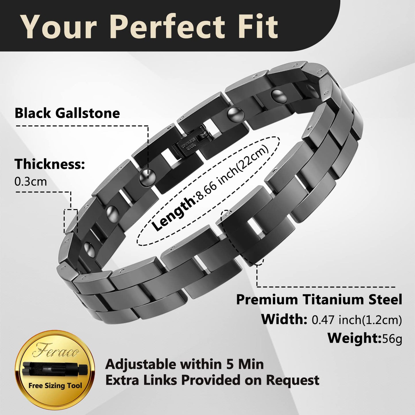 Feraco Magnetic Bracelets for Men Sleek Titanium Stainless Steel Magnetic Therapy Bracelet with Sizing Tool, Jewelry Gifts for Men (Black)