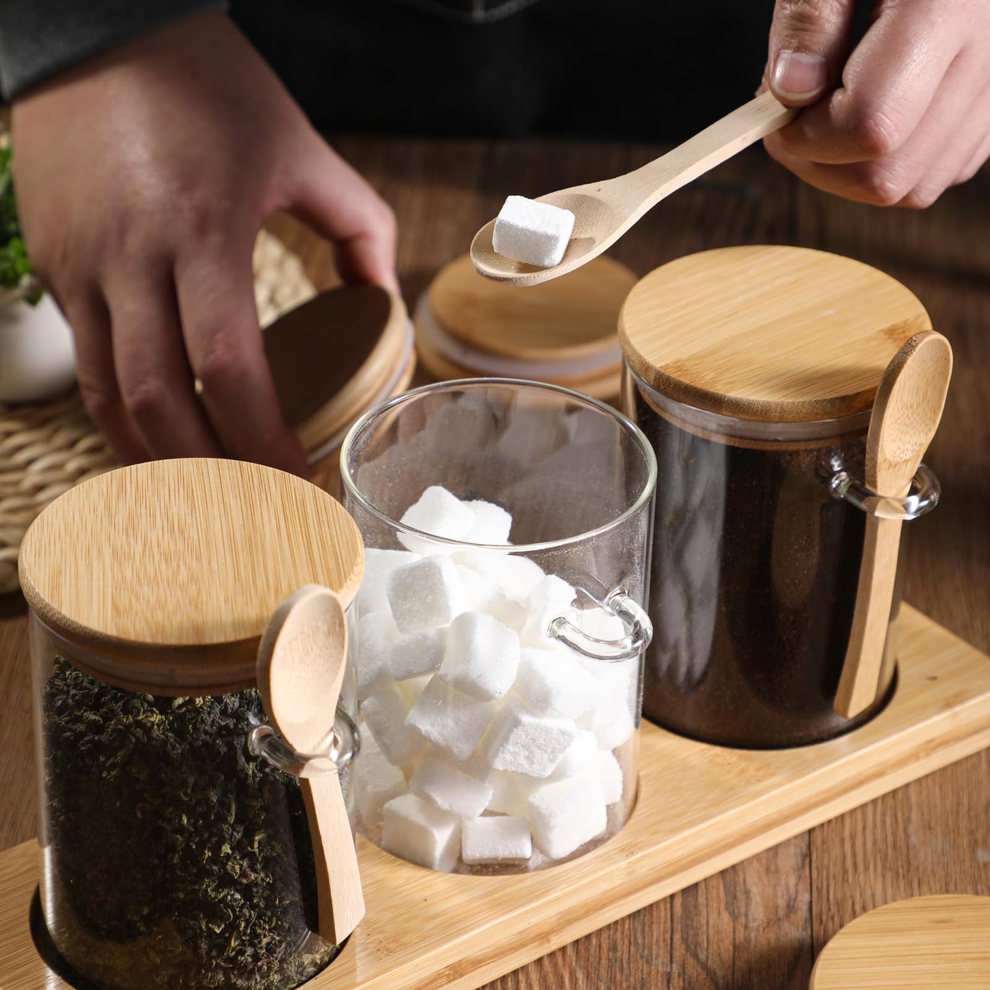 GURUDAR Glass Spice Storage Container with Spoon, 3PCS 20oz Airtight Sealed Condiment Jar with Tray, Kitchen Pantry Seasoning Canister Set for Salt Coffee Sugar Tea & Bathroom Cotton Swab Ball