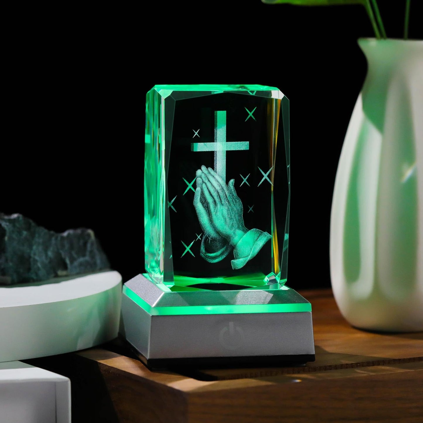 YWHL 3D Crystal Cross Figurine with Colorful Light Base, Laser Engrave Praying Hands Religious Gifts for Women Man, Christian Gifts for Friend