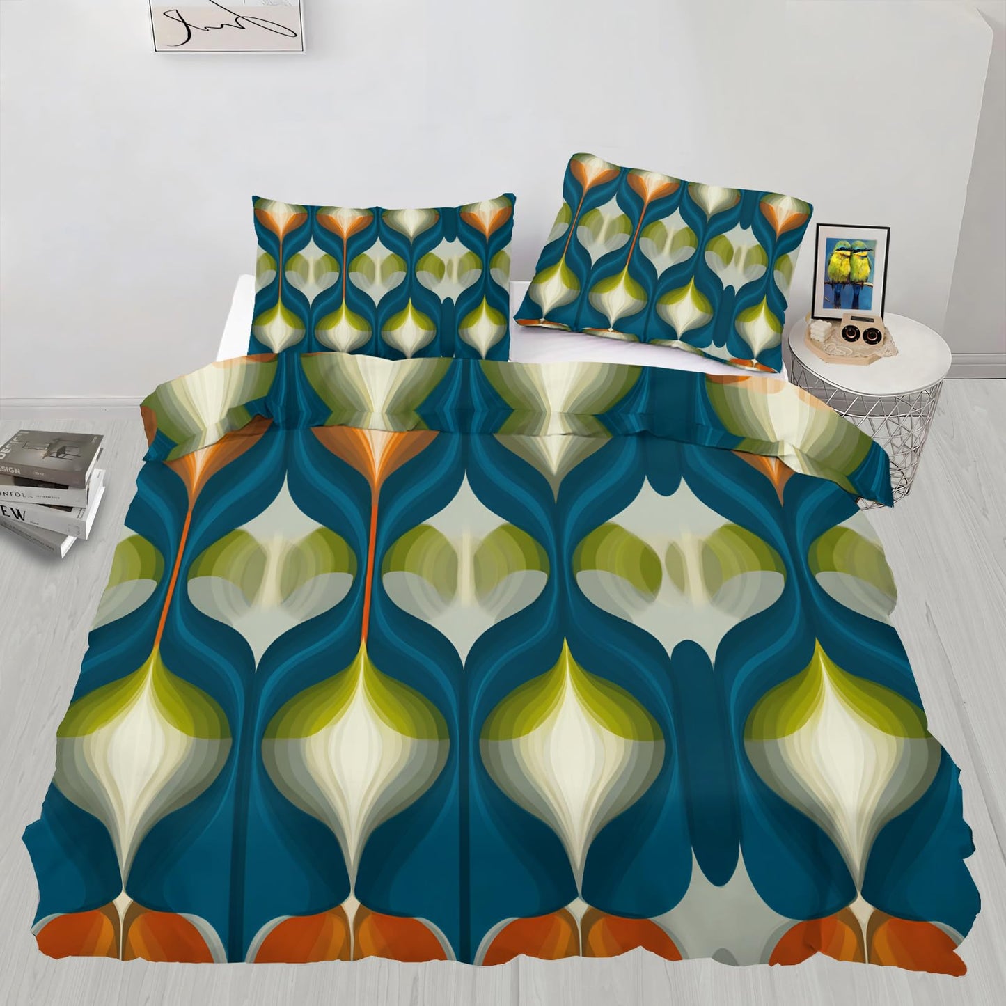 ZAOMIR Mid Century Modern Duvet Cover Twin Size, Groovy Abstract Retro Bedding Set 3 Piece, Blue Green Geometric Patterned Comforter Cover with Zipper Soft Microfiber, 2 Pillowcases
