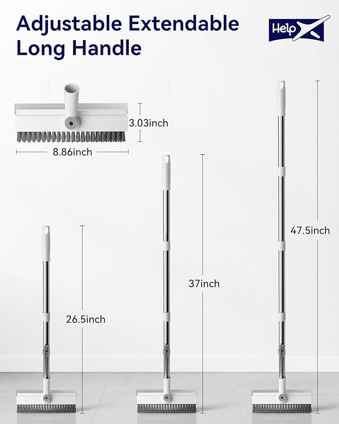 Small Floor Scrub Brush with Length Adjustable Long Handle, 3 in 1 Heavy-Duty