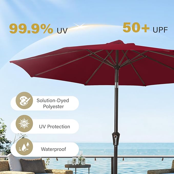 MEWAY 9ft Patio Umbrella Outdoor Table Umbrellas with Push Tilt and Crank, Market Umbrella 8 Sturdy Ribs for Deck, Garden, Pool and Backyard, Cherry Red