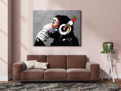 Wieco Art Black Framed Monkey With Headphones Banksy Graffiti Art Abstract Canvas Paintings Prints Animal Canvas Wall Art for Wall Decor and Home decorations Office Decor