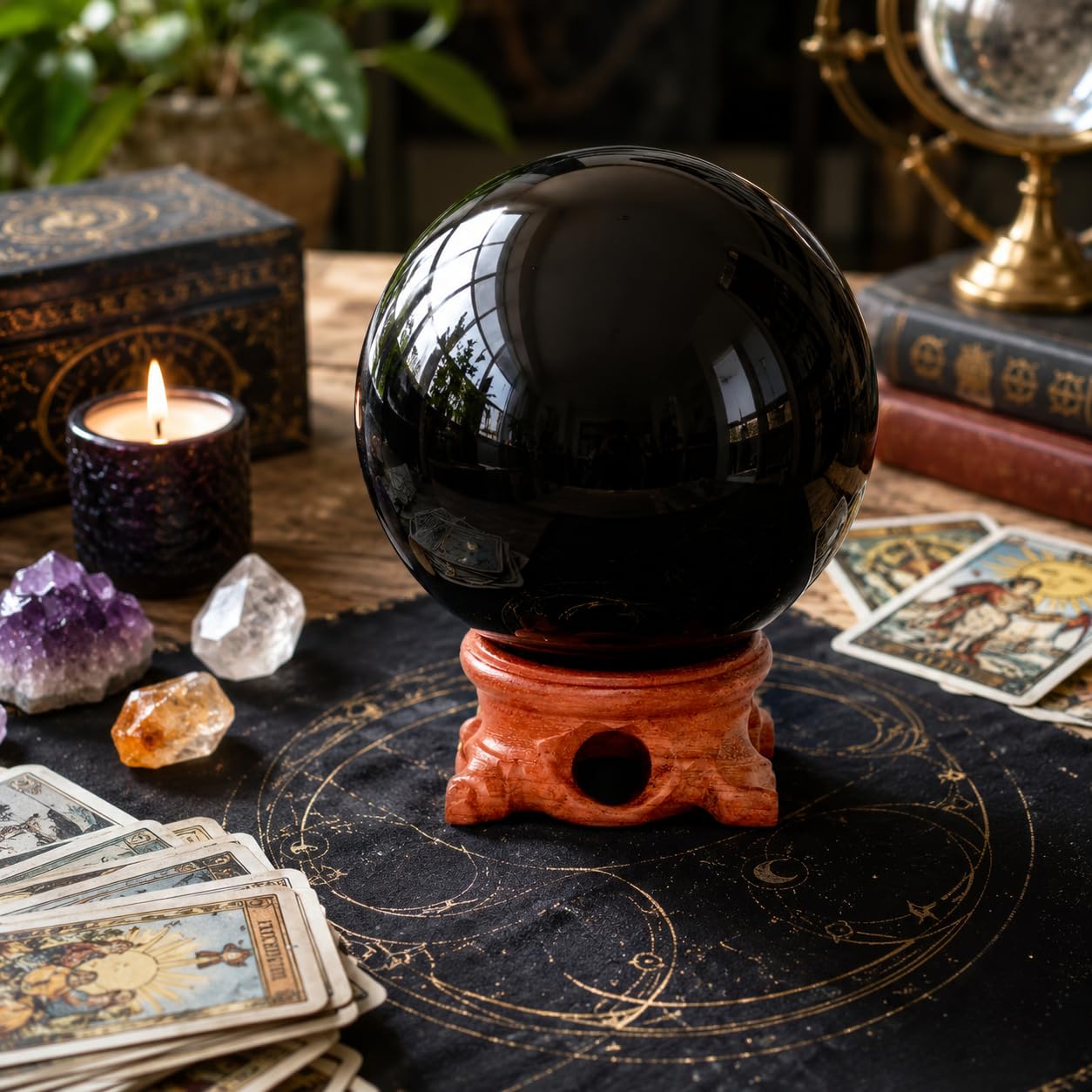 Lodkksg Black Obsidian Crystal Ball 90mm (3.54-inch) with Wooden Stand — Natural Polished Black scrying Ball, Suitable for Meditation and Home Decor.