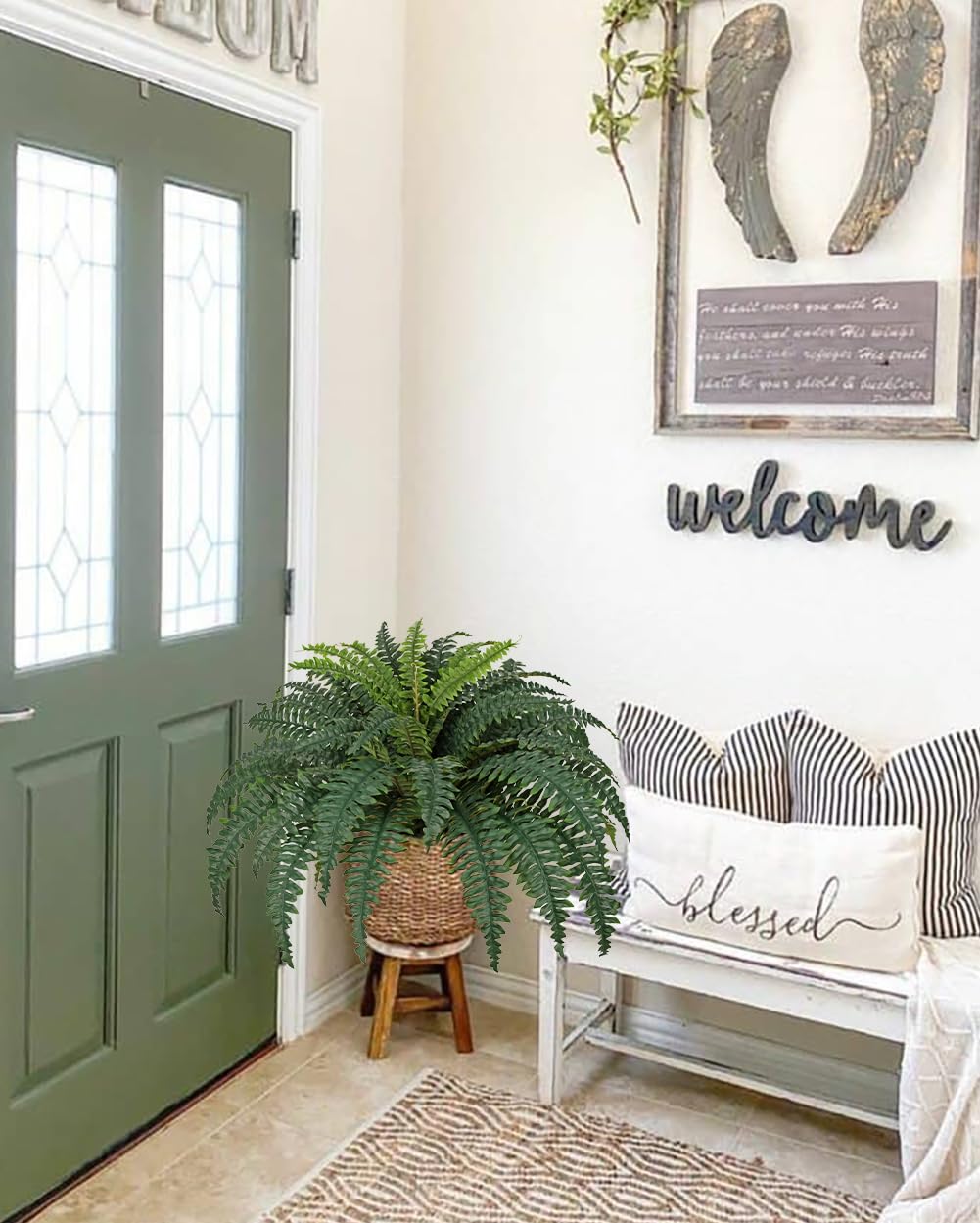 Hollyone Artificial Large Fern Boston Potted Plant for Outdoors & Indoor 25.5inch Faux Fake Fern Bush Plant in Pot for Patio Garden Farmhouse Windowsill Entrance Porch Office Living Room Home Decor