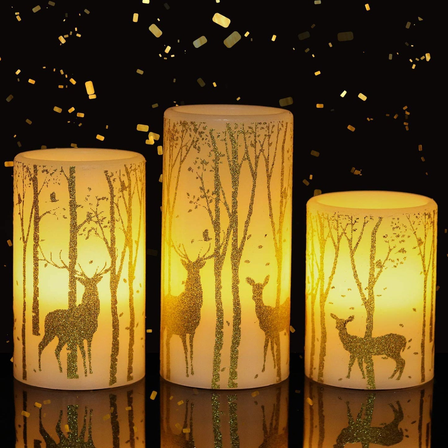 GenSwin Battery Operated Flameless Candles Flickering with 6 Hours Timer, Led Pillar Candles Deer Decal Warm Light, Real Wax Pack of 3 Christmas Home Decor