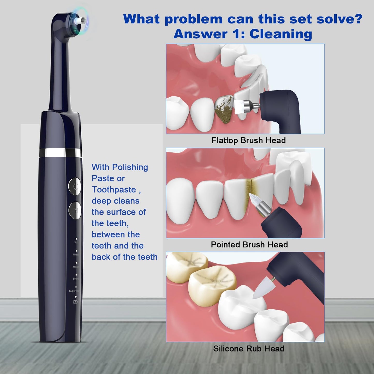 Tooth Polisher,Teeth Polishing Kit for Daily Cleaning,Polishing Then Whitening of Tooth (Professional Toothpaste Include),USB Rechargeable Dental Polisher with LED Light,6 Heads,5 Speed Modes