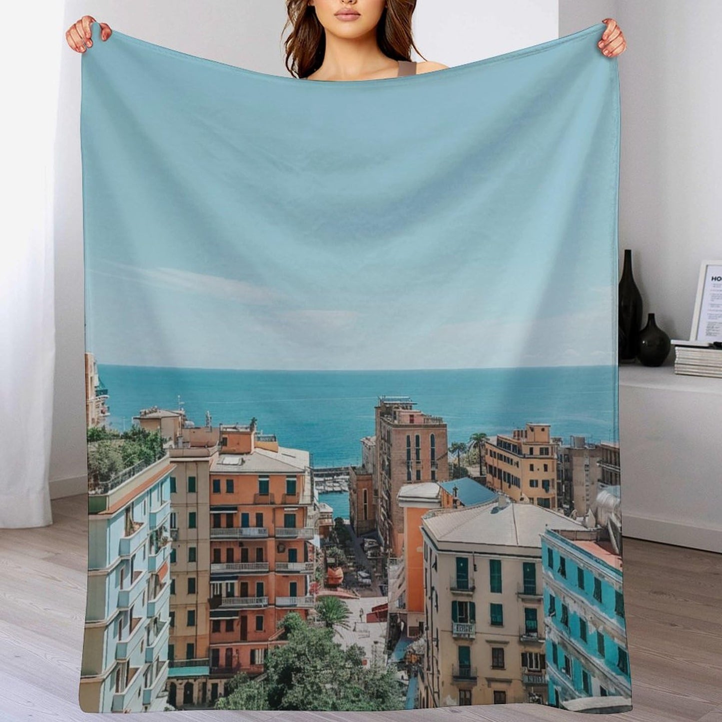 HDESDIS Coastal Cityscape Throw Blanket, Soft Cozy Warm Nautical Seaside Architecture Flannel Blankets for Sofa Couch Bed, 30x40 Inch