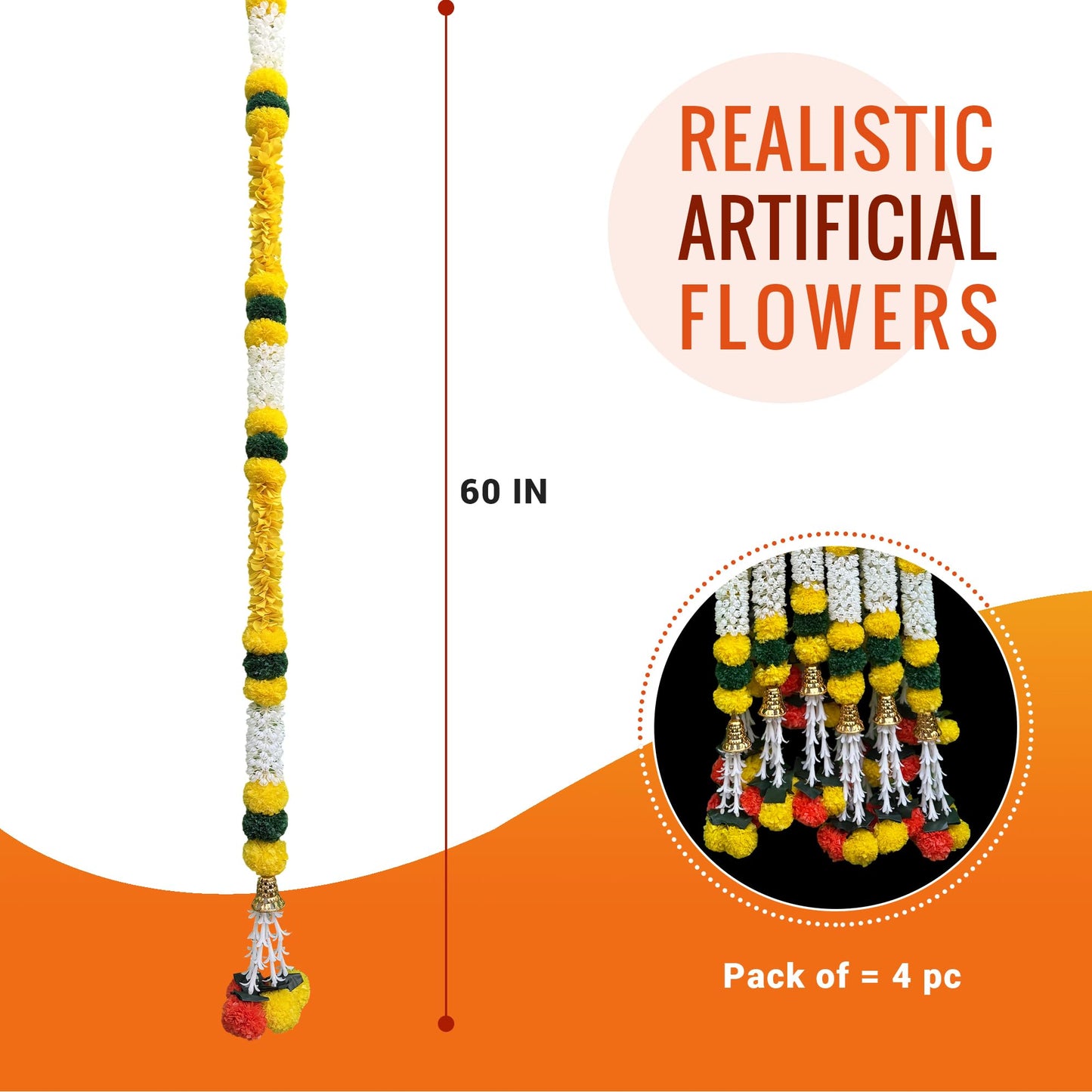 DIYANA IMPEX 4 Pc Artificial Marigold Garland with Bells, 5 Ft Long Hanging Flower Strings for Diwali Decorations, Indian Wedding, Party, Home Decor, Ganpati Hanging Decor & Mantle Decor (Yellow)