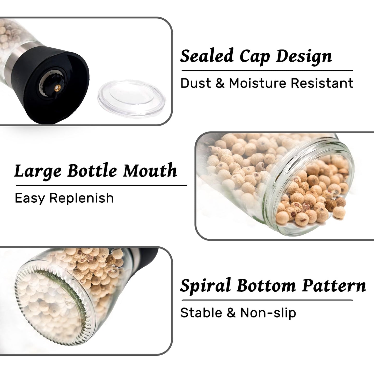 Daily Treasures 2 Pack Salt and Pepper Grinder Set with Acrylic Holder,Refillable Salt Grinder,Stainless Steel Pepper Grinder Mill,Seasoning Grinder with Adjustable Coarseness,Glass Shaker for Kitchen