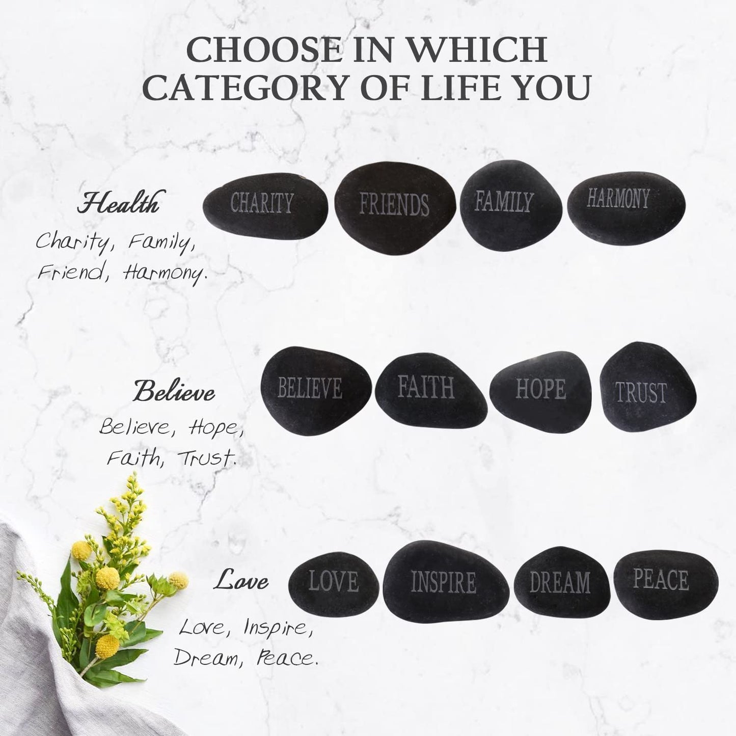 12PCS DIY Rocks for Engraved Inspirational Polished Garden Stones, Natural Encouragement Personalized Healing Decor River Stone - Unique Gift for Friends Arts Crafts (12 Different Words) (Black)