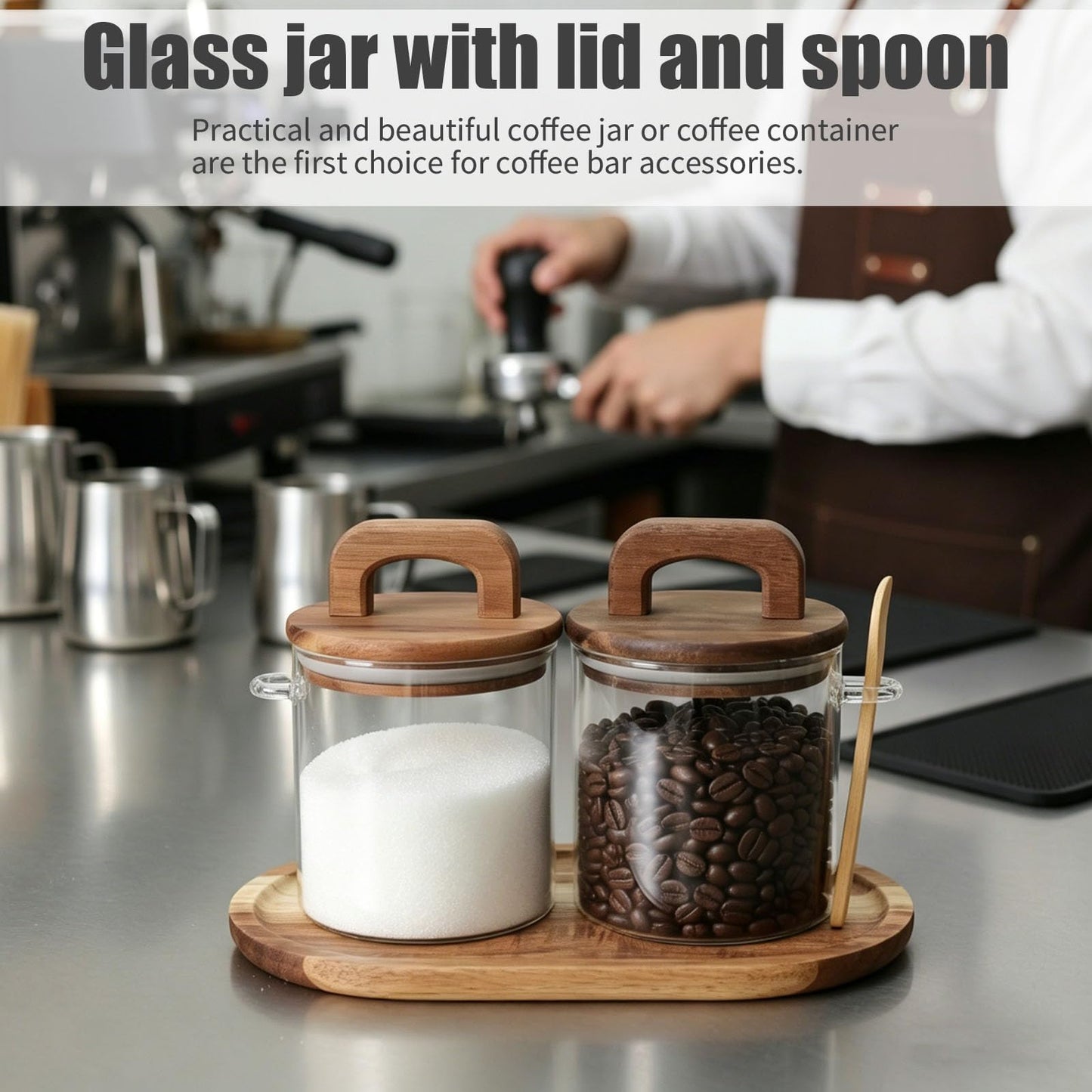 Lolytama Sugar Bowl Set,Airtight Glass Sugar Jar with Wooden Lids,Sugar Container Side Spoons and Serving Tray,Round Coffee Bar Accessories for Tea Station,Countertop, Pantry Shelf,2 Pack