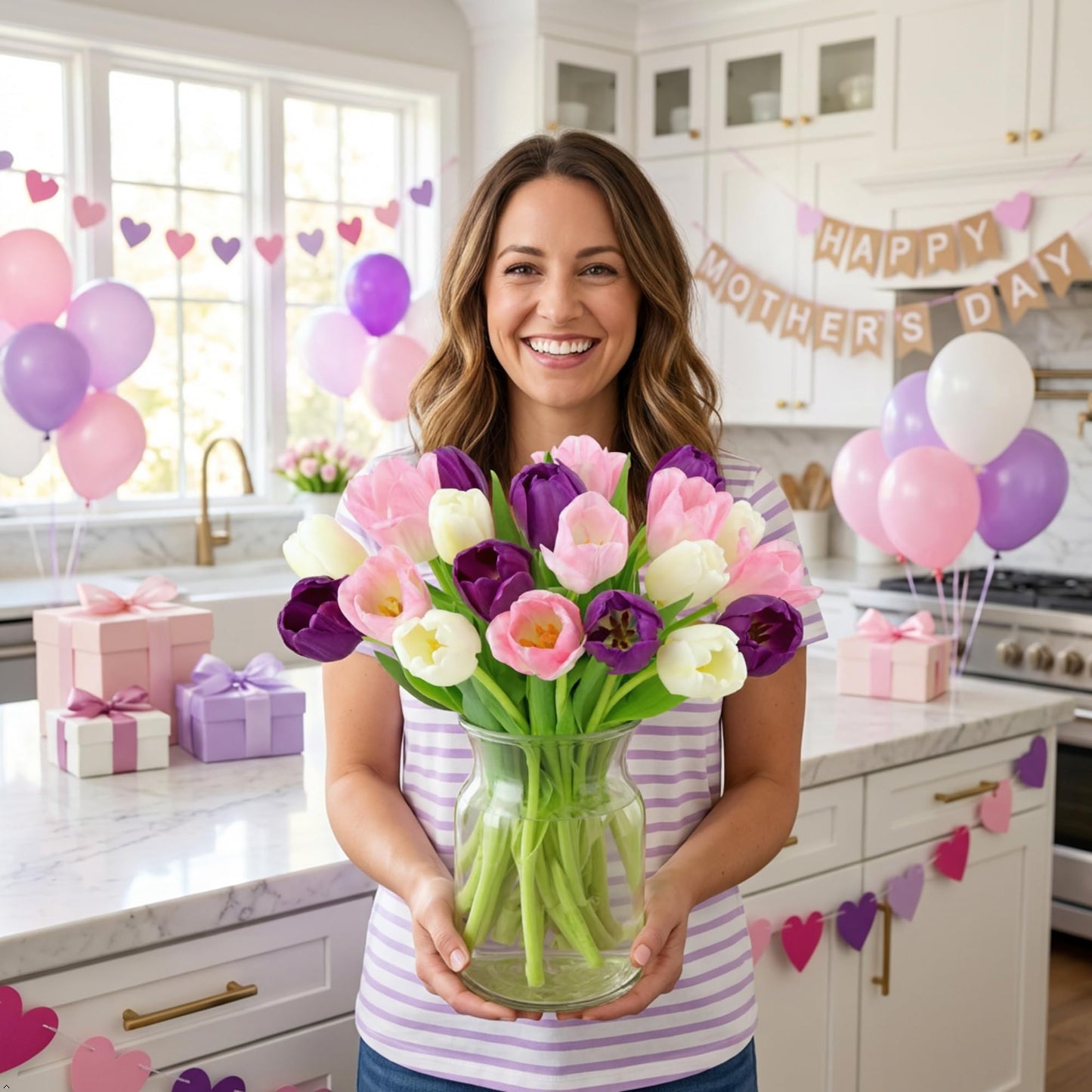 Benchmark Bouquets - White, Pink, Purple Tulips - Fresh Flowers for Delivery - Mothers Day Gifts for Wife - Birthday Flowers for Women - Teacher Appreciation Gifts - Glass Vase Included (20 Stems)