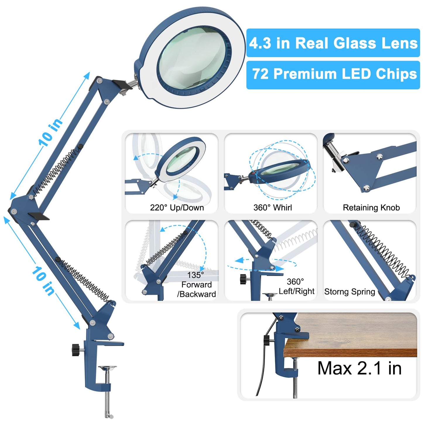 10X Magnifying Glass with Light and Clamp, Real Glass Stand Lighted Magnifier, 5 Color Modes Stepless Dimmable LED Desk Lamp Hands Free for Crafts Hobby Reading Painting Sewing Close Work - Blue
