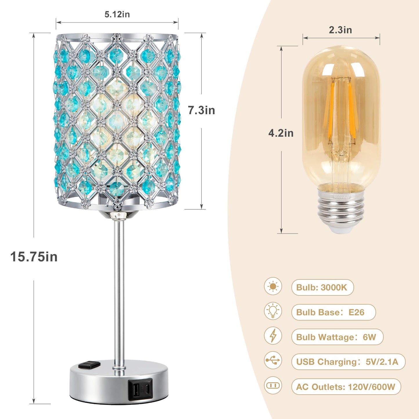 Hong-in Blue Lamps for Night Stands-Crystal Table Lamp with USB-C+A & AC Charging Ports, 3-Way Dimmable Nightstand Touch Lamp, Bedside Desk lamp for Bedroom Living Room Home Office