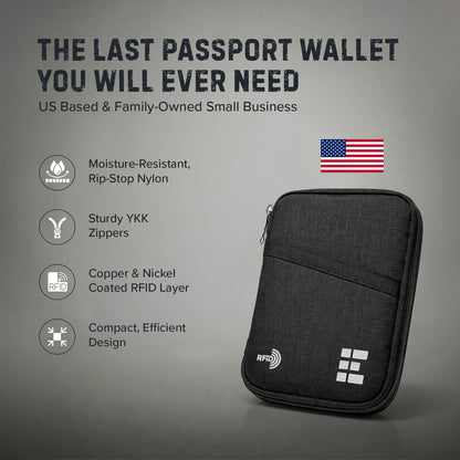 Zero Grid RFID Passport Holder & Travel Wallet, Zippered Wallet for Men & Women, Fits Passport, Cards, Cash, Tickets, ID, Sim Card; Premium & Compact Travel Document Holder - Midnight Black