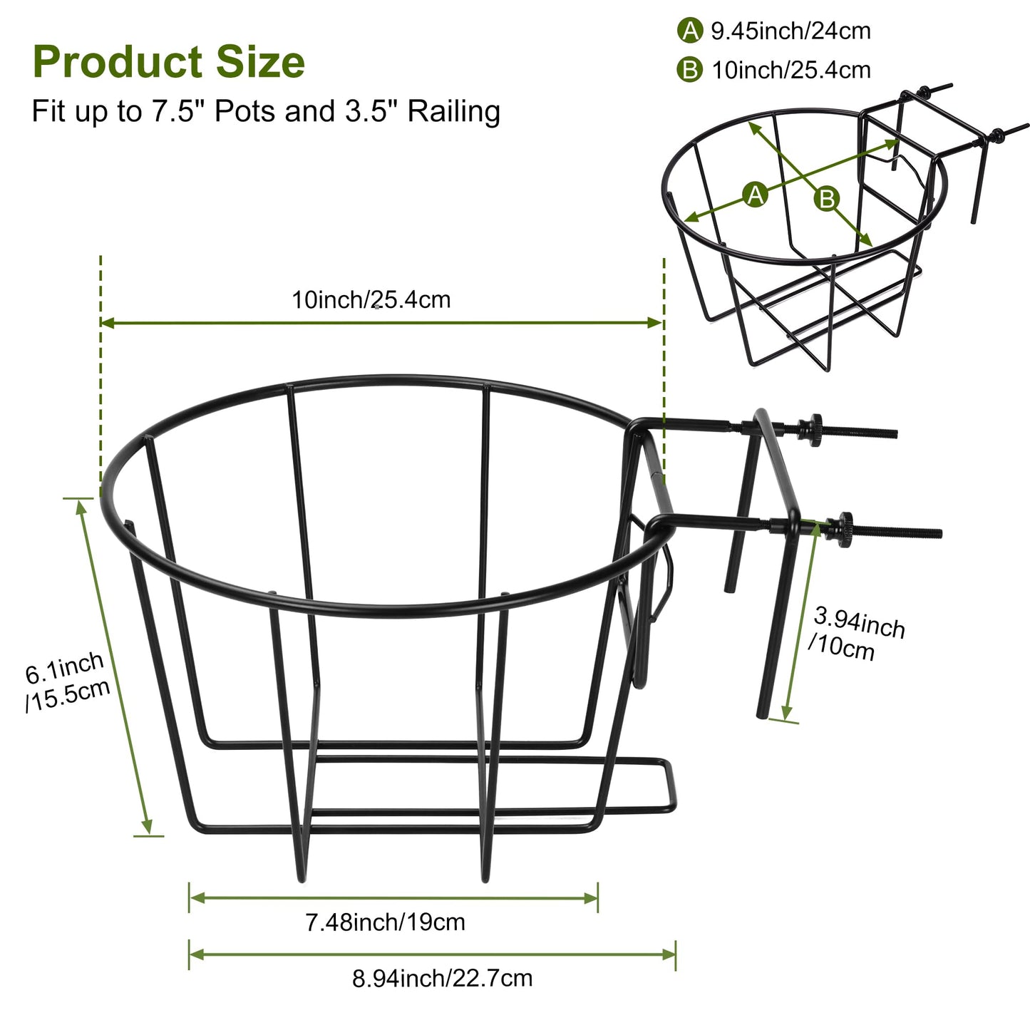 TQVAI Adjustable Hanging Railing Planter for 1.89 to 3.5 Inches Railings - Outdoor Balcony Deck Flower Pot Holder, Metal Baskets for Garden Orchid, Patio Ledge, 3 Pack, Black