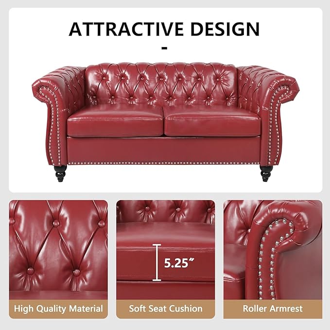 Mid-Century 2 Seater Sofa, Faux Leather Loveseat